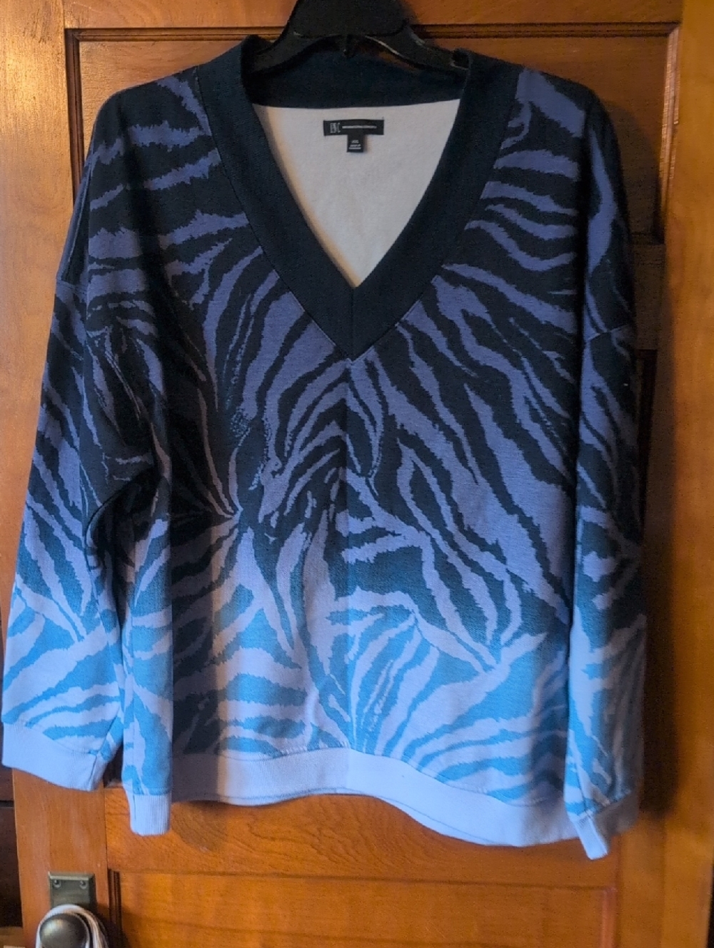 INC International Concepts Blue and Black Ombre Zebra V-Neck Sweater